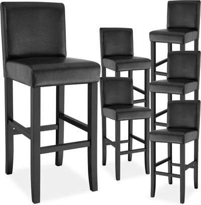tectake® Set van 6 Barkrukken met Rugleuning - Gestoffeerde Barkruk - Zithoogte 76 cm - Stoelpoten van Massief Hout - Barstoel met Voetsteun - Kruk met Kunstleren Bekleding - Ergonomische Vorm - Barstoelen voor Keuken & Bar - Eetkamerstoelen - Zwart