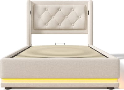 Gotagee Gestoffeerd bed 90x200cm eenpersoonsbed (zonder matras) beige katoen hydraulisch opbergbed met USB Type-C oplaadfunctie en 3-zijdige LED-functie