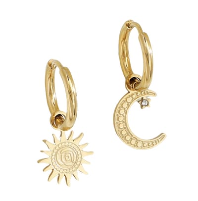 ASTRADAVI 18K Vergulde Sieraden - Oorbellen - Vintage Dangle Lucky Charms Hoop Oorbellen - Zon en Halve Maan Charme - Geel Goud - Cadeau Idee
