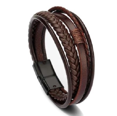 Sorprese armband - Luxury - armband heren - leer - bruin - 5 snoeren - zwarte sluiting - cadeau - Model M