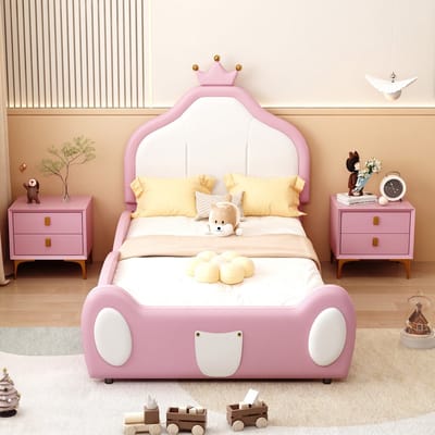 VVBV Gestoffeerd Eenpersoonsbed 90x200 cm met Hoofdbord, Voor Kinderen/Tieners - LED-Verlichting - PU-leer Roze