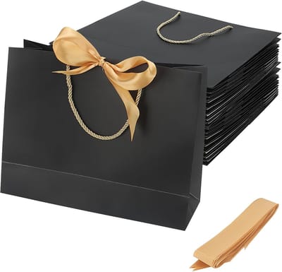 Zwarte Geschenkzakjes - Papieren Tassen - Feestelijke Verpakking - Met Gouden Lint - 32 x 25 x 11 cm - Zwart