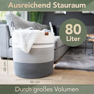 Opbergmand Emilië Ø 46 x H 48 cm - Gevlochten Katoen, Grijs/Wit, Groot en Opvouwbaar