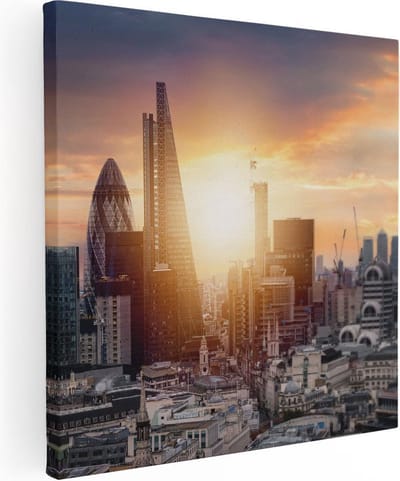 Artaza Canvas Schilderij Skyline Zonsondergang - 30x30 cm - Klein - Wanddecoratie Woonkamer - Muurdecoratie Londen - Kamer Accessoires
