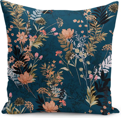 De Groen Home BLOEM - Sierkussen velvet 50x50 cm - Bloemen op donkerblauw - Inclusief binnenkussen - Fluweel - Kussensloop