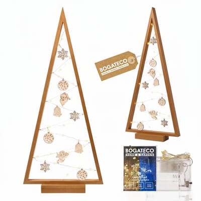 BOGATECO houten kerstboom met LED 104cm hoog | Inclusief houten decoratie | Kerstversiering | 100 LED's | Lichtbruin