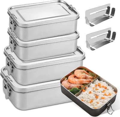 Ynkkvre - Lunchbox - RVS bento box set van 4 - lekvrij en stapelbaar - met compartimenten - geschikt voor soep, salade en maaltijden