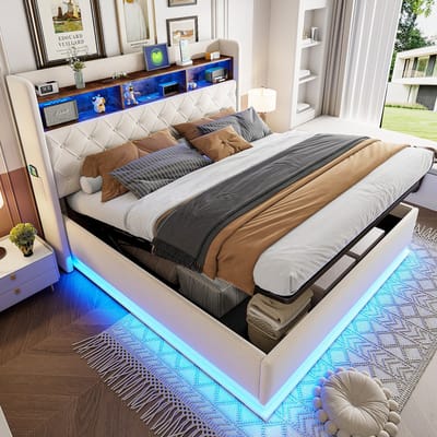 Sweiko Tweepersoonsbed - 180 x 200 cm - LED-verlichting - USB-poort - Hydraulische opbergruimte - Linnen stof - Beige