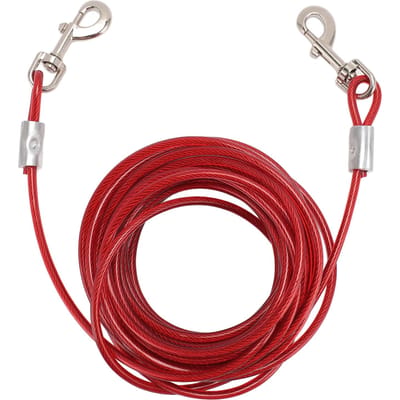 Honden Uitloopkabel Staaldraad Dubbele Kop Bijtbestendig Buiten Kamperen Hondenriem voor Klein Medium 6mmx5m / 0.24inx16.4ft rood