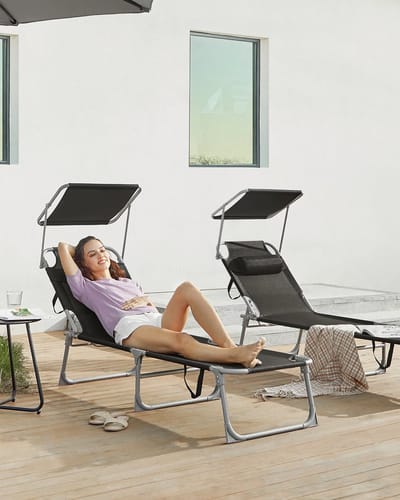 Jessi Store - Ligbed - Ligstoel - Ligstoel tuin - Zonnebed opvouwbaar - Verstelbaar - Met zonnescherm - 193x53x29 cm - Zwart