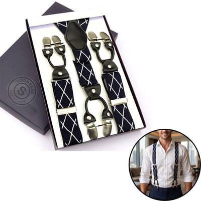 Sorprese - Luxe Chique Bretels - Navy Diamond - Zwart Leer - 6 Stevige Clips - Bretels Heren Volwassenen - Inclusief Cadeaudoos