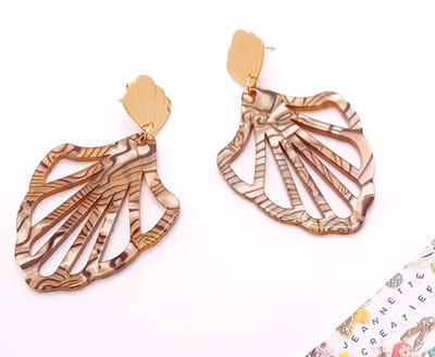 Jeannette-Creatief® - Resin - Resin Oorbellen Schelp Waaier Large RVS Schelp Oorstekers Goud Tijgerprint - Dierenprint - Tir Oorbellen - Dames Oorbellen - Oorbellen goud - Resin Oorbellen – Oorbellen - Beach