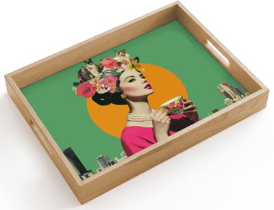 Dienblad hout 40x30 cm - Schootdienblad - Retro - Vrouw - Stad - Zon - Borrelplank rechthoek - Plateau dienbladen