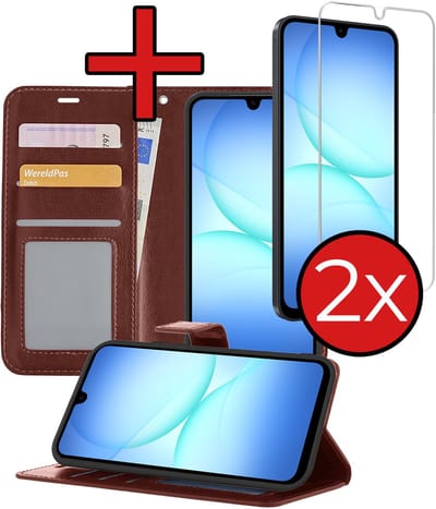 Hoesje - Met 2x Screenprotector - Geschikt voor Samsung Galaxy A17 - Luxe Pasjeshouder - Flip Case - Bookcase Portemonee - Kunstleer Book Case - Flipcase Hoes - Book Cover - Walletcase - Portemonneehoes - Telefoonhoes - Bruin
