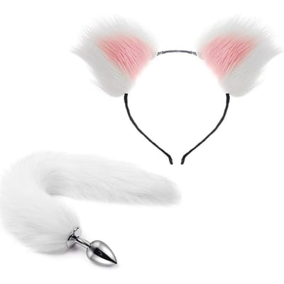 Bandeau Mignon Oreilles de Chat pour Femme Costume de Fête Anime avec Queue Bouchon en Métal Ensemble Cosplay Sexy white