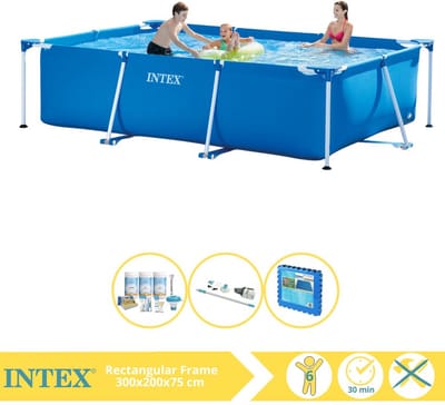 Intex Rechthoekig Frame Zwembad - 300 x 200 x 75 cm - Blauw - Inclusief Onderhoudspakket - Stofzuiger - Vloertegels - 4-delig