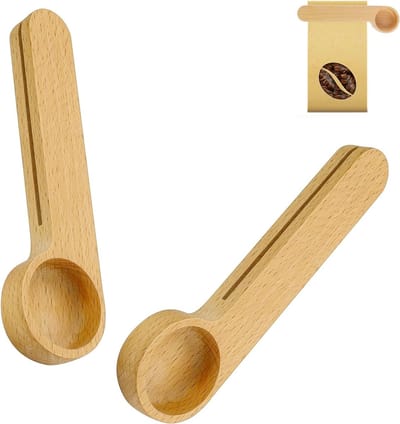 2-in-1 Beukenhouten Maatlepel Set (2 Stuks) - Doseerlepel 8 g met Clip voor Koffie, Melkpoeder en Kruiden