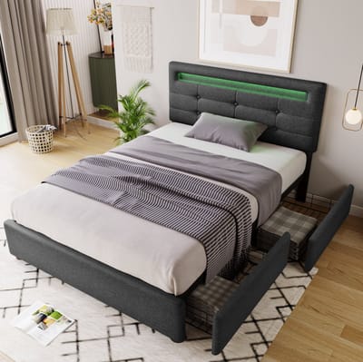 MEUNIQ eenpersoons bedframe 90x200 cm met LED-verlichting, 2 lades, verstelbaar hoofdeinde, lattenbodem van hout, grijs, zonder matras