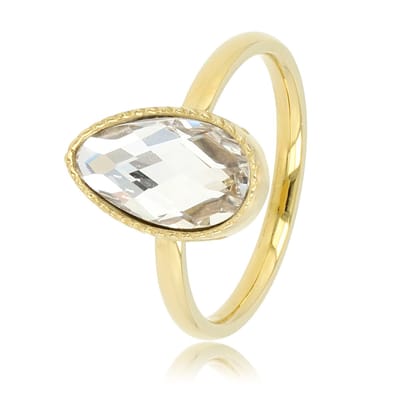 My Bendel - Goudkleurige Twisted Ring met Witte Kristalsteen Druppel - Ring met Druppel Glassteen & Getwist Randje • Kristal • Goudkleurig - met Luxe Cadeauverpakking | Sieraden Voor Dames | Maat 17.00 Mm / Maat 53