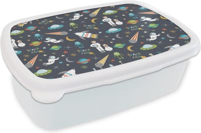 Broodtrommel Wit - Lunchbox - Brooddoos - Astronaut - Ufo - Regenboog - Patronen - 18x12x6 cm - Volwassenen