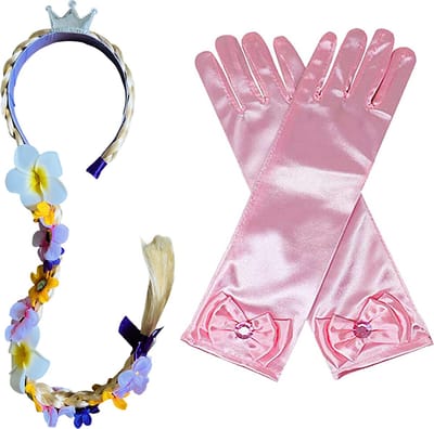 Haarband met vlecht met bloemen - lange roze satijnen prinsessenhandschoenen - voor bij je prinsessenjurk - Elsa haarvlecht