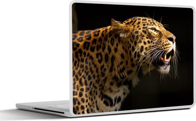 Laptop sticker - 11.6 inch - Zijaanzicht van een luipaard weergegeven op een zwarte achtergrond - 30x21cm - Laptopstickers - Laptop skin - Cover