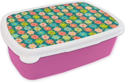 Broodtrommel Roze - Lunchbox Patroon - Bloemen - Retro - Jaren 70 - Brooddoos 18x12x6 cm - Brood lunch box - Broodtrommels voor kinderen en volwassenen