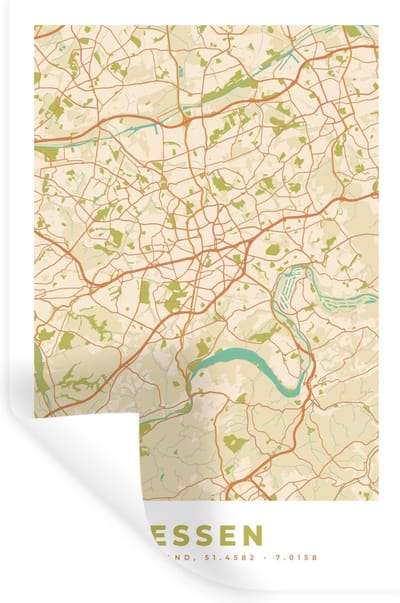 Muurstickers - Sticker Folie - Plattegrond - Essen - Vintage - Kaart - Stadskaart - 20x30 cm - Plakfolie - Muurstickers Kinderkamer - Zelfklevend Behang - Zelfklevend behangpapier - Stickerfolie