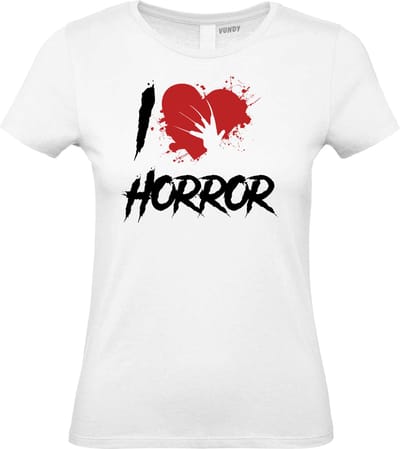 Dames t-shirt I Love Horror | Halloween Kostuum Volwassenen | Horror Shirt | Gothic Shirt | Wit dames | maat XS