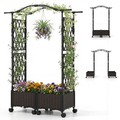 Plantenbak met klimrek - Bloembak - Weerbestendig - Met trellis - Buiten - Hout - Plantenrek - Verkoold - Bruin