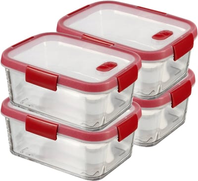 Curver Smart Cook Vershouddoos - Glas met deksel - Rechthoek - 4 x 1,1L - Rood/Transparant