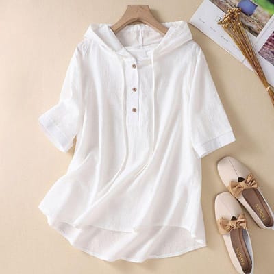 Nieuw Zomer Midilengte Jacquard Geborduurd Katoen en Linnen Shirt voor Dames In Zomer Casual Losse Top met Capuchon M