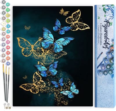 Figured'Art Schilderen op Nummer Volwassenen canvas Gouden en blauwe vlinders - Handwerk acrylverf Kit DIY Compleet - 40x50cm zonder frame