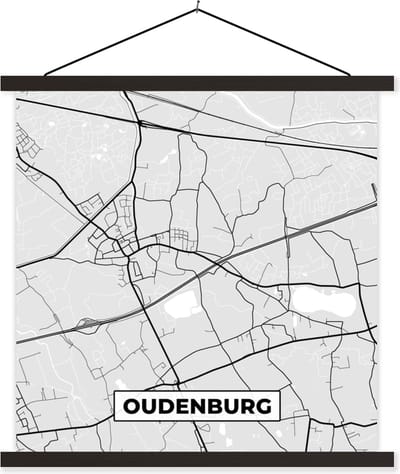 Posterhanger incl. Poster 60x60 cm - Schoolplaat - Plattegrond – Oudenburg – Zwart Wit – Stadskaart - Kaart - Textielposter - Zwarte latten - Stadskaart