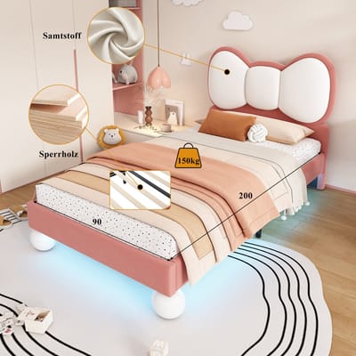 MIVRAY Gestoffeerd Kinderbed 90x200 cm - Hoofdbord Met Strik - Led Lichtstrip Onder Bed - Fluweel - Roze - Zonder matras