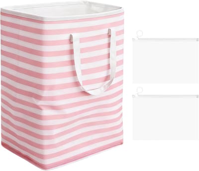 Vouwbare Wasmand met Roze Strepen en 2 Ritsopbergzakken, Ideaal voor Slaapkamer, Badkamer en Studentenhuis, Ruime Wasverzamelaar met Handvat