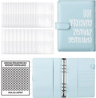 Financiële planner A5 met budgetplanner, spaarboek en 100 enveloppen voor thuis en kantoor, kunstleer, blauw, geldbesparend en georganiseerd
