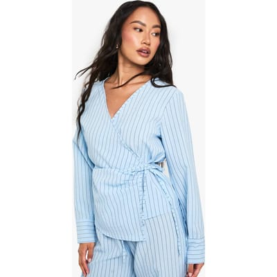 boohoo Dames Woven Striped Wrap Tie Detail Top | Blauw | Maat: 36