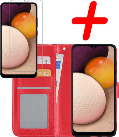 Hoesje Met Screenprotector - Geschikt voor Samsung Galaxy A02s - Luxe Pasjeshouder - Bookcase Portemonee - Flip Case - Kunstleer Book Case - Flipcase - Book Cover - Walletcase - Portemonneehoes - Rood