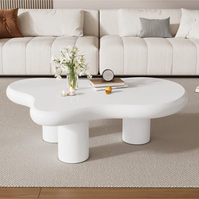Wishdor Organische Salontafel 97x67x32 cm - Wolkvormig Design met 3 Cilinderpoten - Gladde Witte Lak - Minimalistisch en Japandi