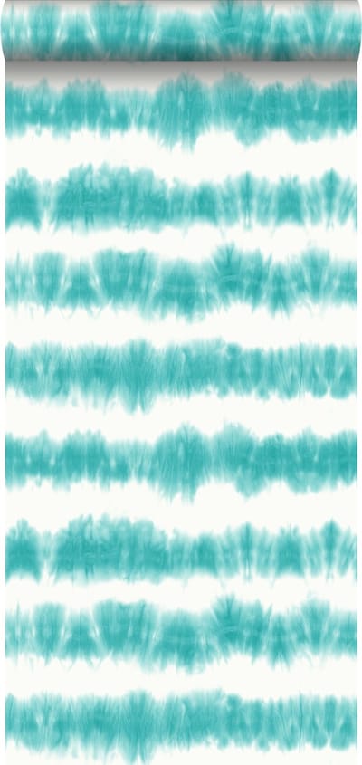ESTAhome behang horizontale tie-dye shibori strepen intens turquoise en mat wit - 53 cm x 10.05 m - 148687