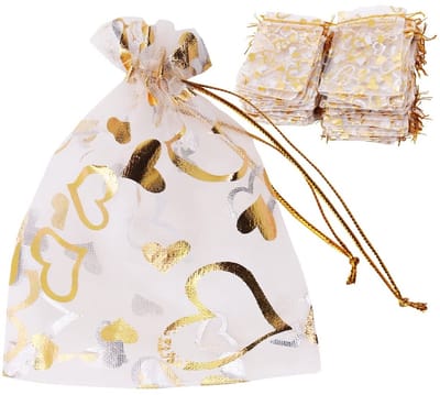Dailygoody - Organza geschenktasjes - 100 stuks - Zilverkleurig - Hartjesmotief - Ideaal voor feestjes en cadeaus - 9 x 12 cm