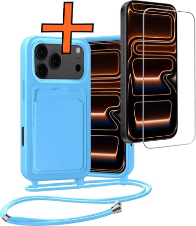 Hoesje Geschikt voor iPhone 17 Pro Max / 18 Pro Max Hoesje Met Telefoonketting Pasjeshouder Case Met Screenprotector Koord - Hoesje Geschikt voor iPhone 17 Pro Max / 18 Pro Max Hoes Met Kaarthouder - Lichtblauw