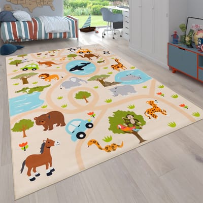 Flycarpets Binola Kindervloerkleed Beige / Kleurrijk - 160x220 cm - Speelkleed / Speelmat Auto / Dieren - Laagpolig Vloerkleed Kinderkamer