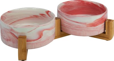Dubbele Keramische Voerbak Bamboe Stand Gem Roze-2x850ml - Hond - Animal Boulevard - Ab65037 - Gemarmerd Roze À20x8cm - 233272