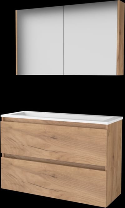 Basic Comfort 39 badmeubelset met spiegelkast, greeploze wastafelonderkast met 2 lades en acryl wastafel met 1 kraangat 100 x 39 cm, whisky oak