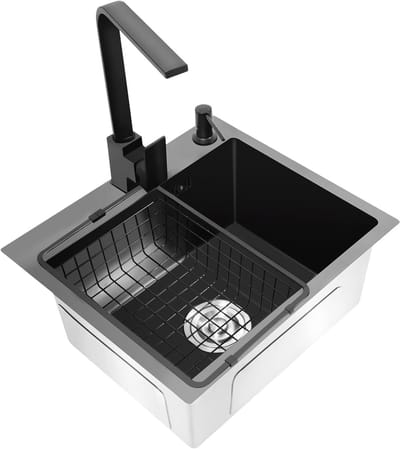 Keukenspoelbak Graniet - Moderne Wastafel - Kleine Keuken - Inclusief Kraan Zeepdispenser - 40x45 cm - Zwart Grijs
