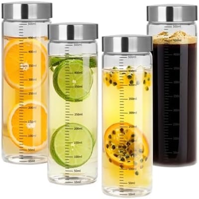 PromoHome Glazen Sapflessen 300 ml met Roestvrijstalen Deksel en Maatschaal - Herbruikbare BPA-vrije Flessen voor Smoothies, Melk en Dranken - Keukenaccessoires