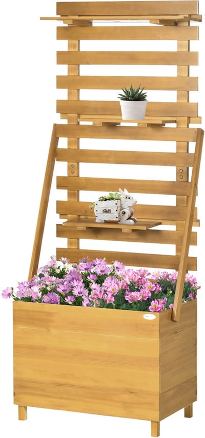 Plantenbak met klimrek - Weerbestendig - Bloembak - Met trellis - Buiten - Hout - Plantenrek - Vierkant - Bruin