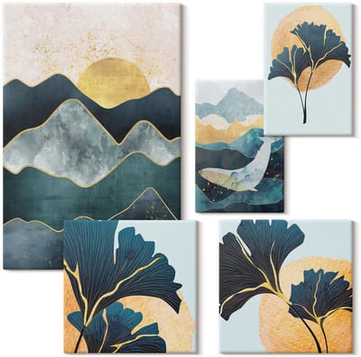 Wallfluent Set van canvas schilderijen - Stijlvolle berglandschappen met decoratieve plantenaccenten Canvas Schilderijen Set - Set van 5 Canvas Schilderijen - Marine Set van Canvas Prints - Landschappen Canvas Kunst Set - Boheemse Canvas Kunst Set